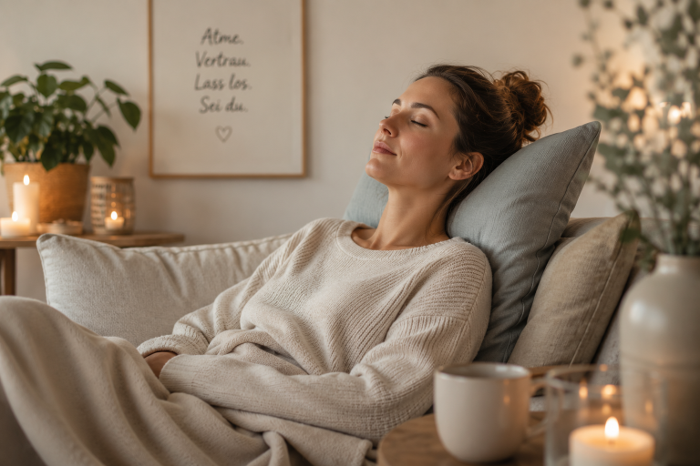 Endlich wieder durchatmen Frau sitzt entspannt mit geschlossenen Augen auf einem Sofa als Symbol für innere Ruhe, emotionale Entspannung und Hypnose bei innerer Unruh