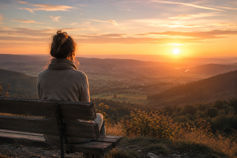 Zwischen Loslassen und Neubeginn Frau sitzt auf einer Bank und schaut über ein Tal in den Sonnenuntergang als Symbol für Neuorientierung, emotionale Heilung und Loslassen na