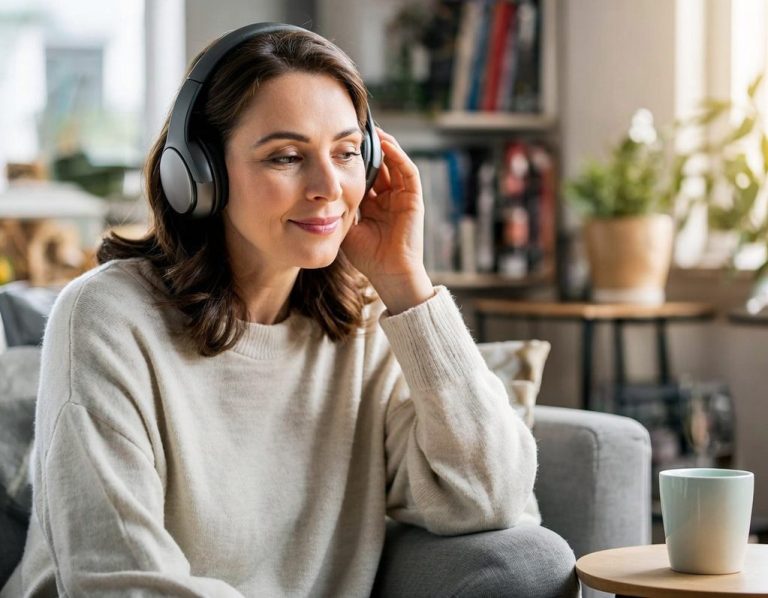 SeelenAnker-Coaching Podcast Frau mit Kopfhörern entspannt auf der Couch, genießt einen Kaffee und hört den SeelenAnker-Coaching Podcast.